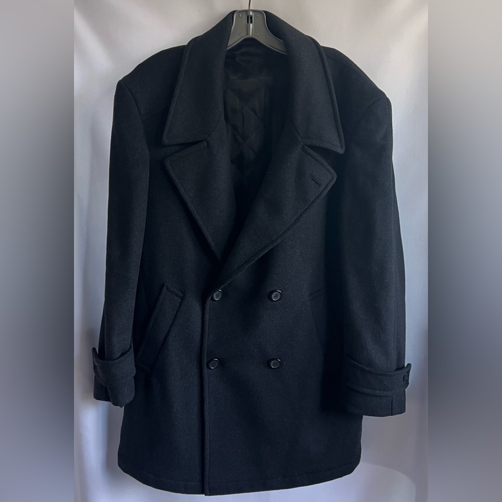 Club Uomo Mens Double Breasted Quilted Lining Wool Blend Peacoat Black Size‎ 42R